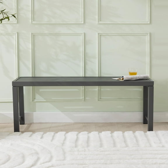 Outdoor Metal Backless Bench Weatherproof Patio Bench with Slatted Seat, All-Weather Garden Bench for Porch, Patio, Lawn and Backyard, Grey
