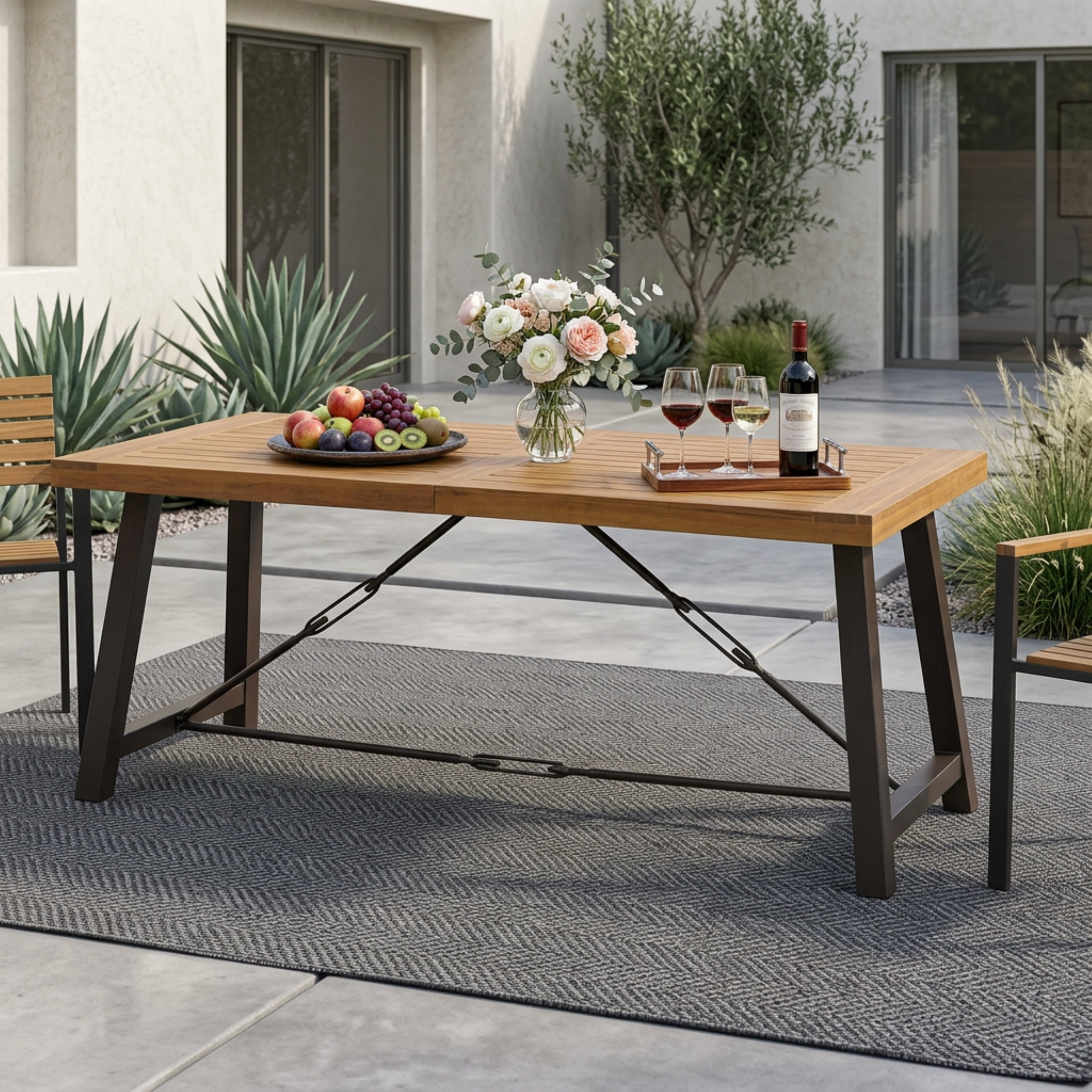 Outdoor Metal Base Acacia Wood Dining Table, Stable Household Desktop for Patio Garden, Teak and Rustic Metal