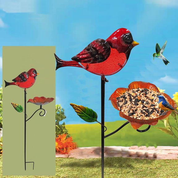 Outdoor Metal Bird Feeding Stake, Hummingbird Bath And Bird Feeding Platform for Garden Yard Backyard Decoration, Featuring a Bright Colorful Tray to Attract Wild Birds