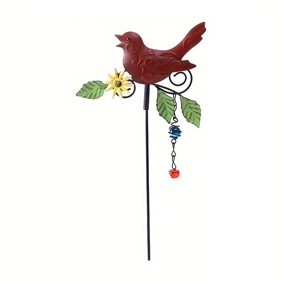 Outdoor Metal Bird Garden Stake With Wind Chime, Red Hanging Decorative Ornament For Yard Garden Patio Home Decor