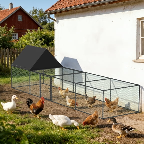 Outdoor Metal Chicken Run Coop Poultry Walk-in Fence Hen Duck House with Nylon Netting, Waterproof Cover