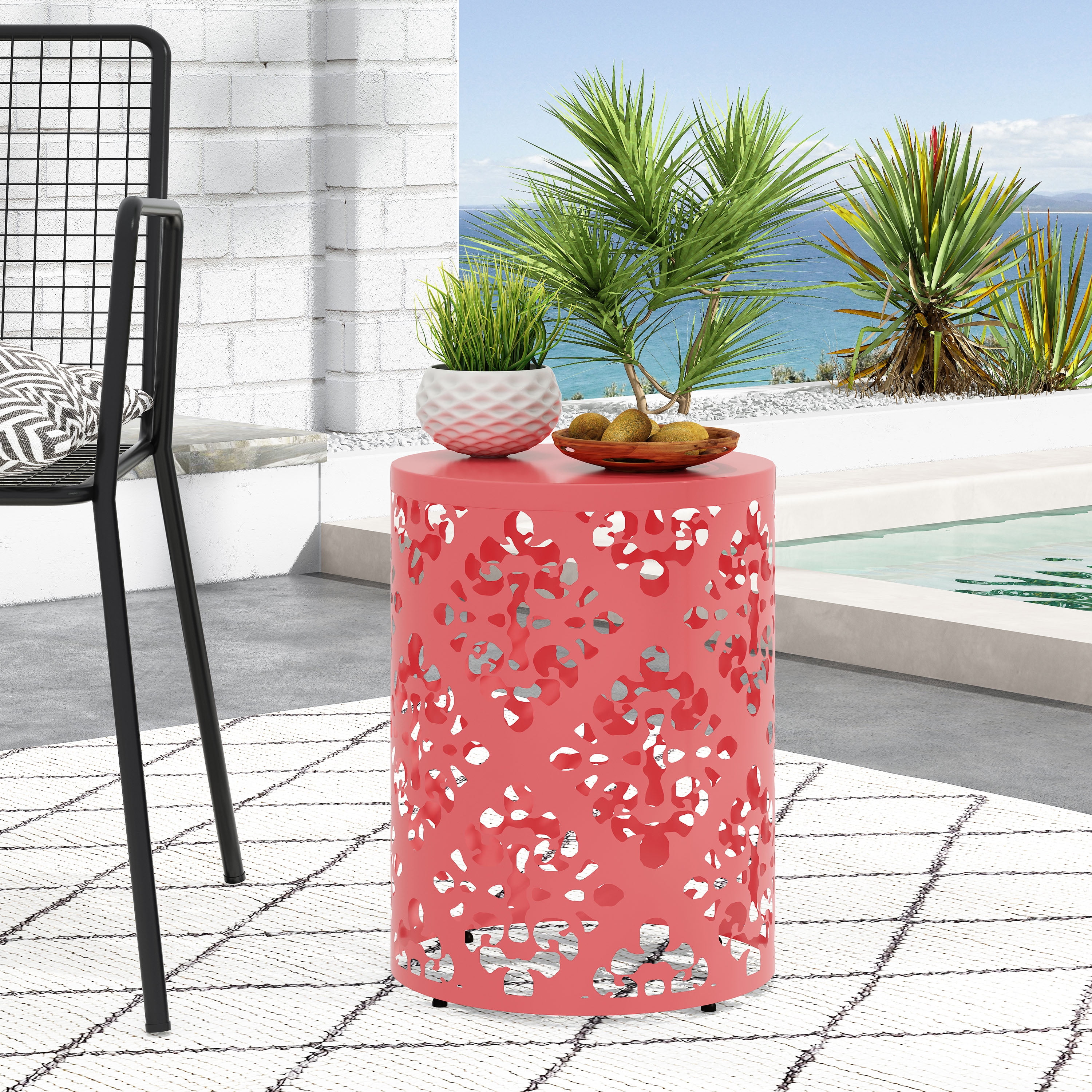 Outdoor Metal End Table-Large,Coral Iron Garden Outdoor Patio Outdoor ...
