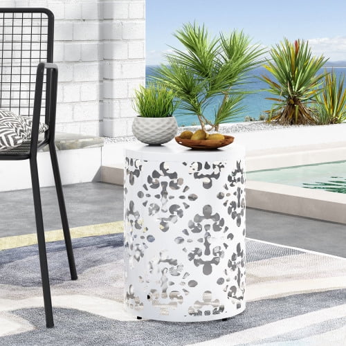 Outdoor Metal End Table Large Iron Construction No Assembly Required,White