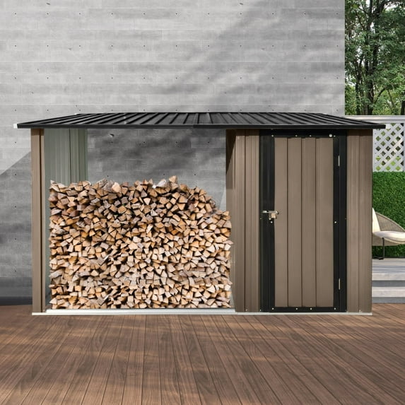 Outdoor Metal Firewood Rack and Storage Shed, Efficient Two-in-One Wood and Yard Storagem,Brown/Black