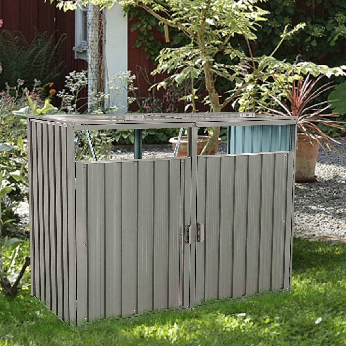 Outdoor Metal Garbage Bin Shed, Lockable Waterproof Storage Shed for 2 Trash Cans, Patio Waste Enclosure