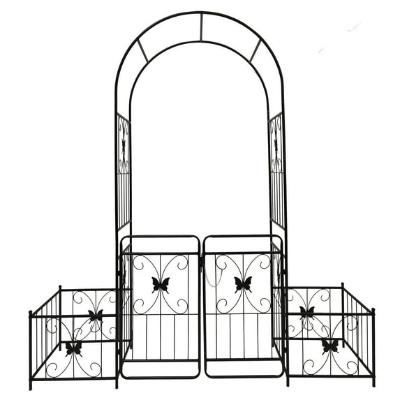 Outdoor Metal Garden Arch "86.6" Height"" with Door Plant Box Trellis for Climbing Plants Rose Vine Support Ideal Wedding Arch Party Decor Covered in Black