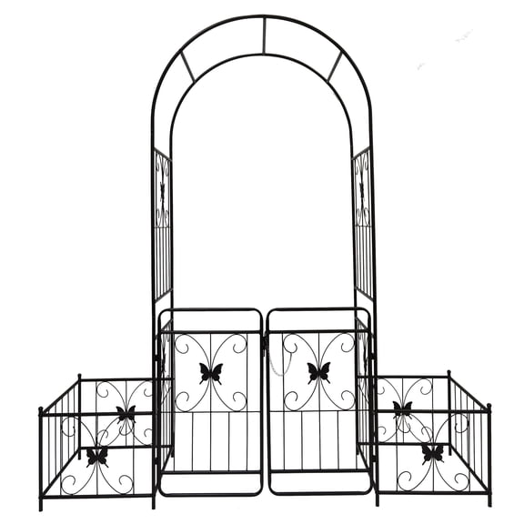 Outdoor Metal Garden Arch "86.6" Height"" with Door Plant Box Trellis for Climbing Plants Rose Vine Support Ideal Wedding Arch Party Decor Covered in Black