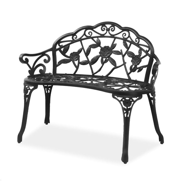 Outdoor Metal Garden Bench, Cast Aluminum Park Chair, Front Porch Lawn Yard Seating, Weatherproof Anti Rust Heavy Duty Frame, Antique Floral Rose Pattern Style, Black, Single Pack