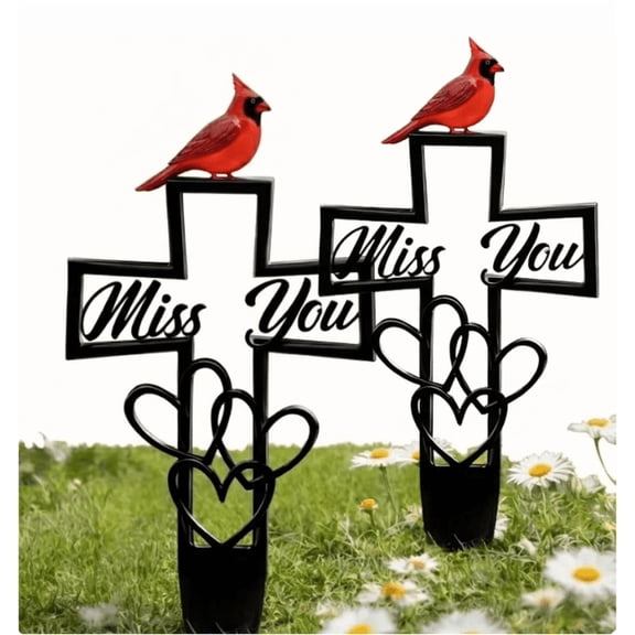 Outdoor Metal Memorial Plaque for Cemetery Cardinal Grave Marker with Cross & "Miss You" Heart Accent, Tribute for Garden & Memorial Sites(RL 2 PCS)