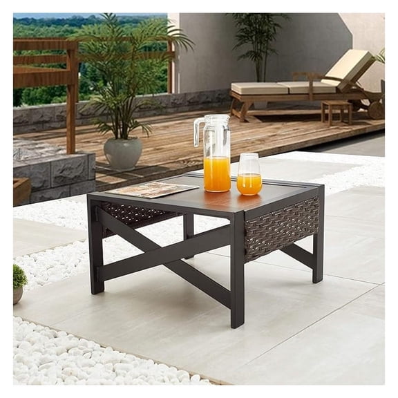 Outdoor Metal Patio Bistro Coffee End X Shaped Steel Legs, Wicker Rattan Around, Side Table, Brown