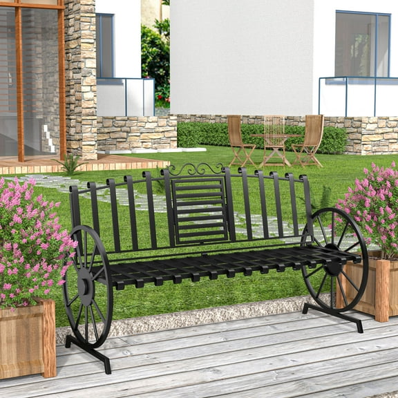 Outdoor Metal Patio Garden Bench, Park Bench with Built-in Table and Wagon Wheel Arms, Black
