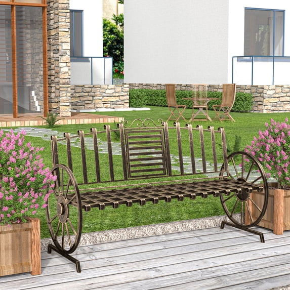 Outdoor Metal Patio Garden Bench, Park Bench with Built-in Table and Wagon Wheel Arms, Bronze