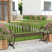 Outdoor Metal Patio Garden Bench, Park Bench with Built-in Table and Wagon Wheel Arms, Bronze