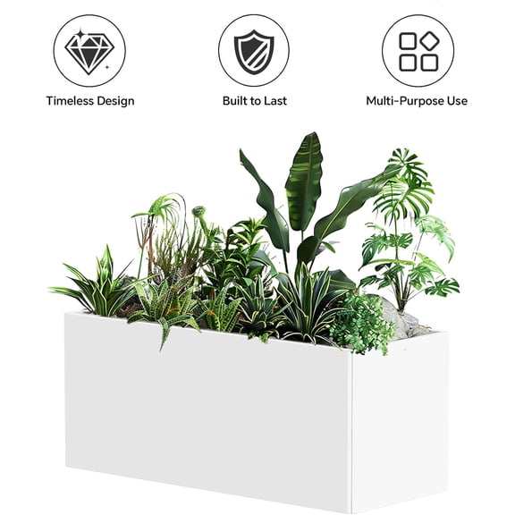 Outdoor Metal Planter Box - Heavy-Duty Rectangular Trough, All-Weather Rust-Resistant Design with 6 Drainage Holes | Large 36x15x15 Inch for Patio, Porch & Garden, White