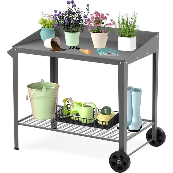 Outdoor Metal Potting Bench with Wheels, Heavy Duty Garden Workbench Table with Storage Shelf (Dark Gray, 36"x38.8")