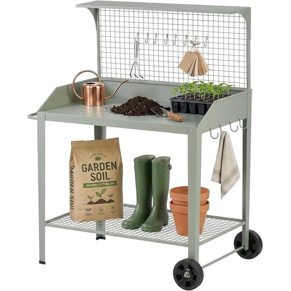 Outdoor Metal Potting Bench with Wheels, Heavy Duty Garden Workbench Table with Storage Shelf (Green, 52.8"x36.6")