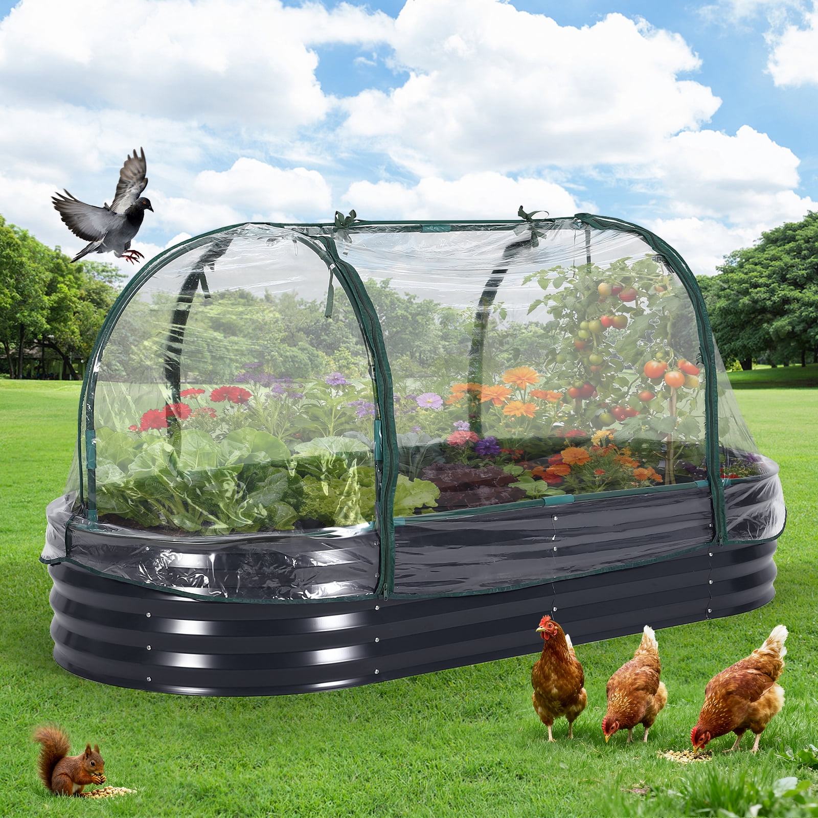 Flo Rust Outdoor Metal Raised Garden Bed Kit with Bird Net & PVC Cover ...