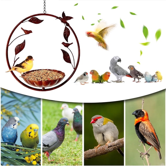 Outdoor Metal Round Bird Feeder, Hanging Multi-Use Bird Bath Bowl to Attract Bluebirds, Cardinals, Goldfinches, Rustic Patina Finish Circular Frame with Hummingbirds & Leaves, Enhance Your Yard Decor