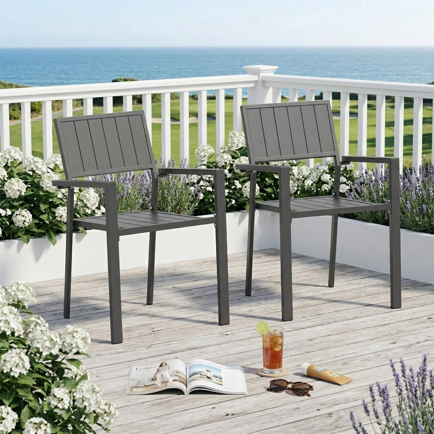 Outdoor Metal Side Chair Set of 2, Heavy Duty 350 lb Capacity Ergonomic Patio Dining Chair for Garden Party Restaurant Backyard, Tool-Free 30-Minute Assembly, Black