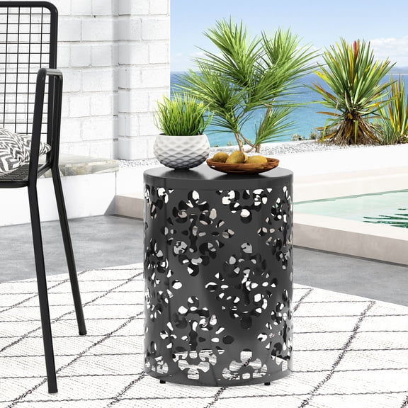 Outdoor Metal Side Table | Keep Summer Essentials Close to Outdoor Seating | Iron Frame with Floral Pattern | Ready to Use Right Away