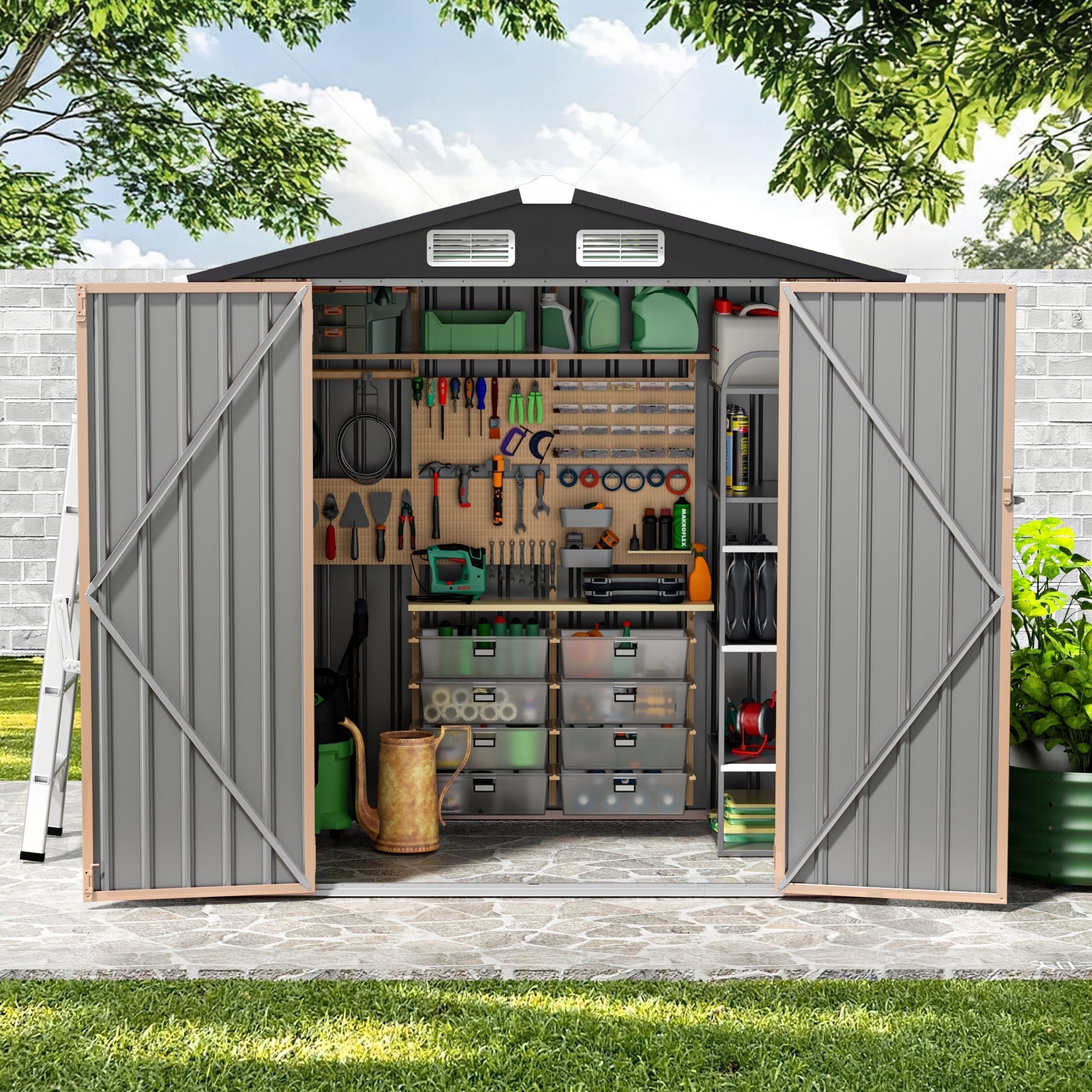 Walmart Black Friday Deals 2025 - GVDV Metal Shed, 6'x4' Rustproof Galvanized Storage, Lockable Doors, Waterproof, Brown
