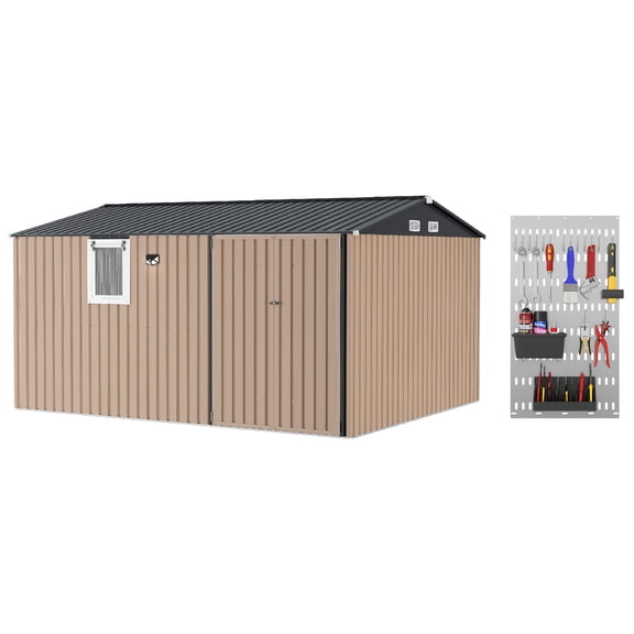 Outdoor Metal Storage Shed with Lockable Doors & Windows – Weather-Resistant Garden Tool Organizer for Backyard, Lawn & Patio – Brown & Black