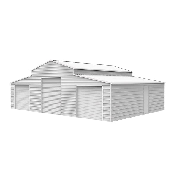 KoreJetMetal 42 x 30 ft White Metal Storage Shed, 14-Gauge Steel Frame with Roller Doors and 26-Gauge Panels for Vehicle and Equipment Storage