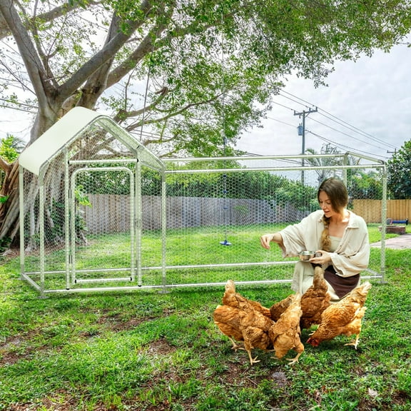 Outdoor Metal Walk-in Chicken Coop Poultry Cage with Chicken Hen House with Waterproof & Anti-UV Cover