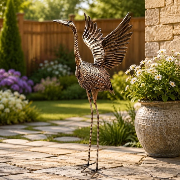 Outdoor Metal Yard Art - 32 Inch Metal Crane Statue Garden Decor, Patina Heron Bird Sculpture Weather Resistant Rustproof Yard Art Ornament for Patio Lawn Pond Landscape Decoration
