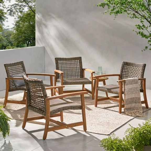 Outdoor Mid Century Wicker Club Chairs with Natural Stained Acacia Wood Frame, Grey