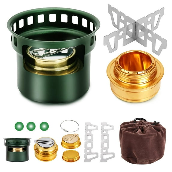 Outdoor Mini Alcohols Stove Camping, Portable Alcohol Burner With Stainless Steel Cross Stand, Storage Bag, Lightweight Tiny Brass Stove For Backpacking Emergency Camp Coffee Hiking Green