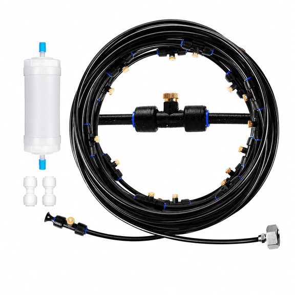 Outdoor Misting Cooling System with Water Filter, Patio Mister Kit with Brass Mist Nozzles, Water Mister Line for Garden, Greenhouse, Deck, Porch, Backyard and BBQ Area