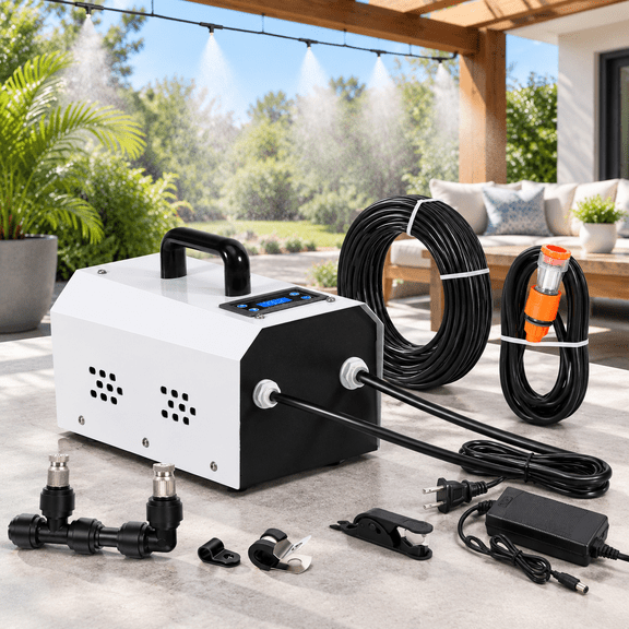 Outdoor Misting System with Pump Kit, 65.6ft Line, 20 Brass Mist Nozzles for Patio and Garden