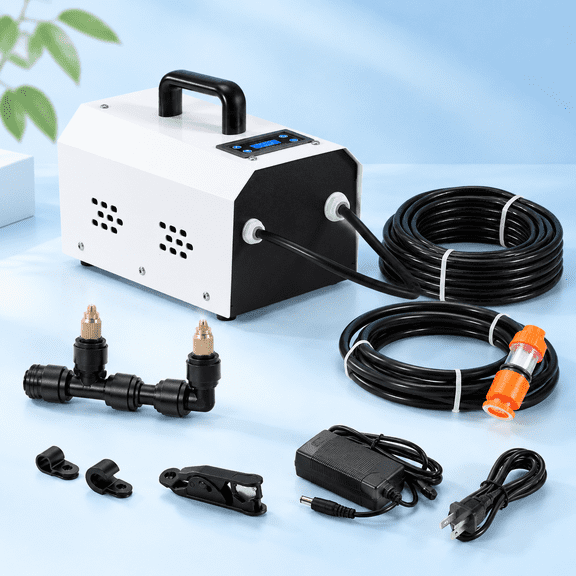 Outdoor Misting System with Pump Kit, 65.6ft Line, 20 Nozzles for Patio, Garden, Greenhouse, Chicken Coop