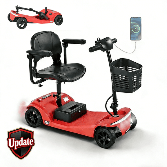 4-Wheel Foldable Mobility Scooter for Seniors, Portable Electric Power Scooter with Stable Anti-Tip Wheels, Rear Brake Light, USB charging port,Supports 330 lbs,Travel Scooter,Red