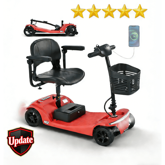 4-Wheel Foldable Mobility Scooter for Seniors, Portable Electric Power Scooter with Stable Anti-Tip Wheels, Rear Brake Light, USB charging port,Supports 330 lbs,Travel Scooter,Red