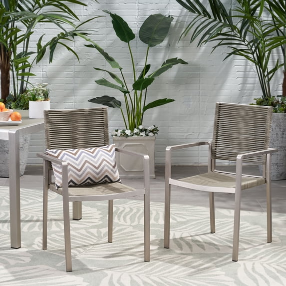 Outdoor Modern Aluminum Dining Chair with Rope Seat (Set of 2), Silver and Taupe