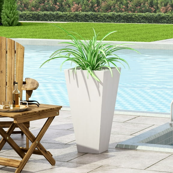 Outdoor Modern Cast Stone Planter with Tapered Design for Patio and Garden Decor, Lightweight Concrete Planter for Plants and Flowers, White Finish