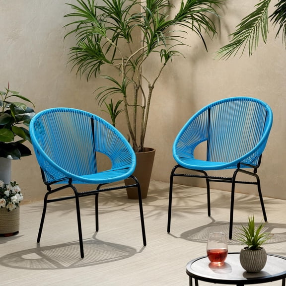 Outdoor Modern Navy Blue Rattan Chair with Iron Frame | Blue | Woven Rope