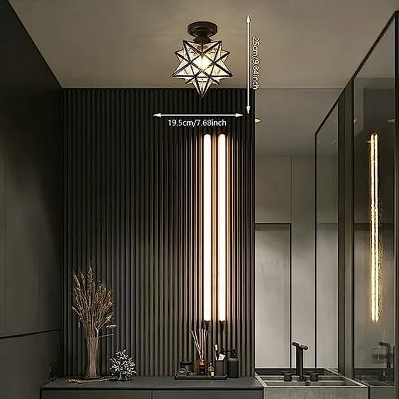 Outdoor Moravian Star Light, Flush Mount Ceiling Light Fixture with Clear Glass Shade Black Metal Finish for Entryway, Hallway, Bedroom, Kitchen Art Deco Lights