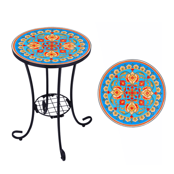Outdoor Mosaic Side Table and Plant Stand, 21" H End Table with 14" Dia Ceramic Tile Top, Indoor and Outdoor Accent Table for Garden, Yard or Lawn