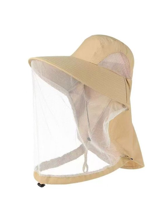 Outdoor Mosquito Head Net Hat Net Mesh Fishing Hat with Neck Flap Bucket Hat for Fishing Hiking Camping Climbing (Khaki)