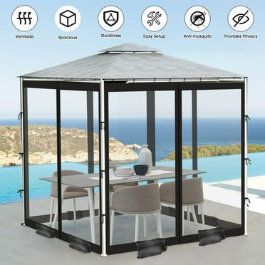 Outdoor Mosquito Net for Gazebo/Patio/Pavilion, 2 Way Zipper 4-Panel Canopy Screen Wall with Zipper, 10'x10' Gazebo Replacement Netting with 8 Sandbags 52 Hooks 12 Ropes (Mosquito Net Only, Black)
