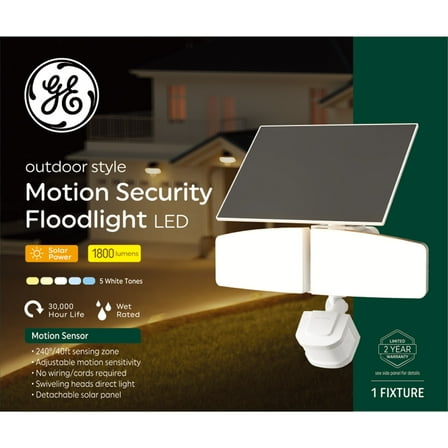 GE Outdoor Security LED Floodlights, Adjustable 2-Head Light with Motion & Dusk to Dawn Sensor, Solar Light, 1800 Lumens