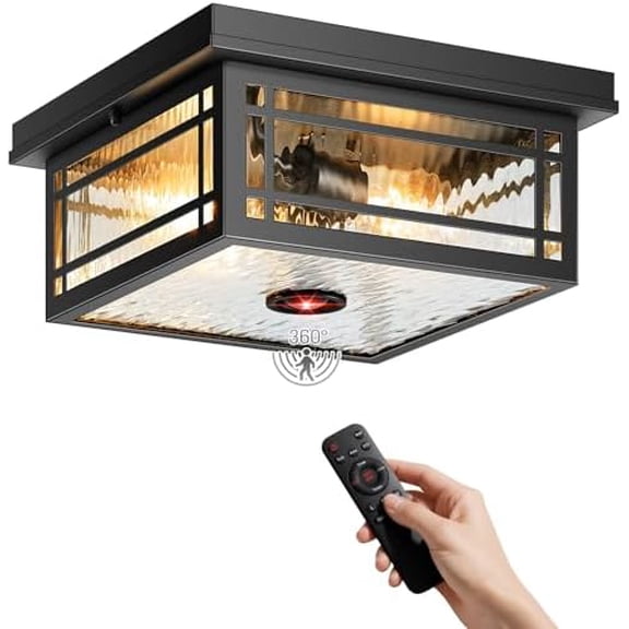 Outdoor Motion Sensor Ceiling Light with Remote, 2-Light Black Outdoor Flush Mount Light with Adjust Sensitivity, 4 Modes Front Porch Light Fixtures, Exterior Ceiling Light for Entryway, Garage