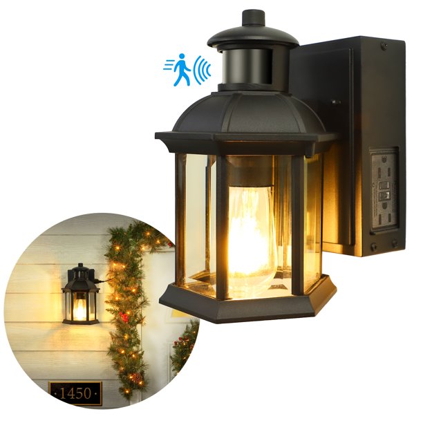 Outdoor Motion Sensor Porch Light with 2 GFCI Outlets, Dusk to Dawn