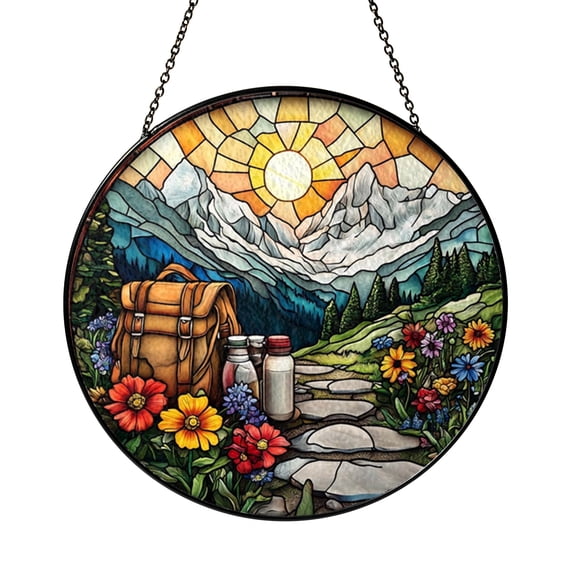 Outdoor Mountain Trail Faux Stained Glass Window Decor2101