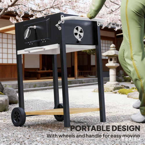 Outdoor Movable Charcoal Grill Adjustable Temperature BBQ Grill with Storage Rack & Folding Side Table