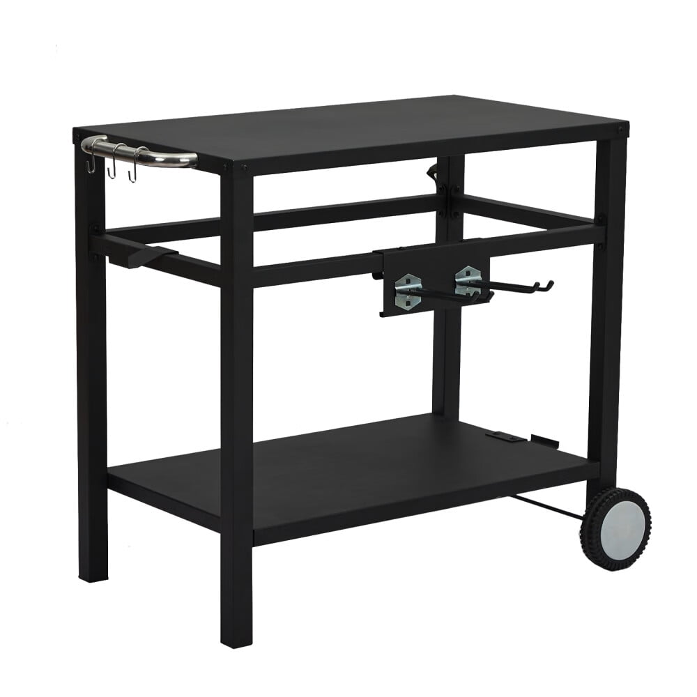 Outdoor Movable Grill Cart with Wheels & 4 Hooks, 2 Tier BBQ Prep Table