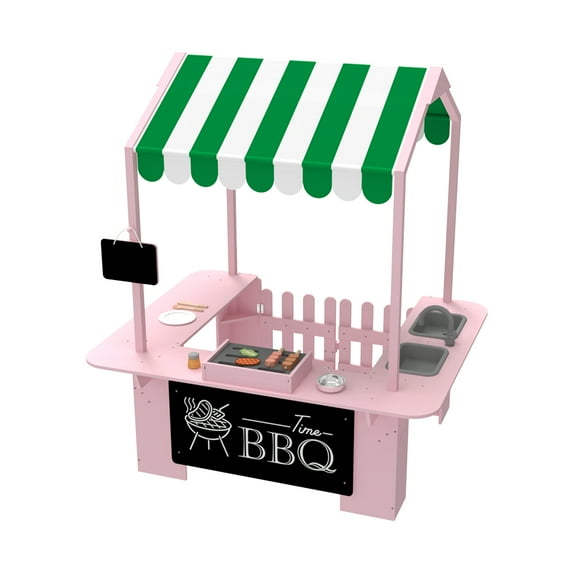 Outdoor Mud Kitchen with BBQ Toys, Kids Playhouse Role Play Set for Toddlers Ages 3-8, Pink, Backyard Kitchen with Grill, Stove & Accessories for Boys & Girls